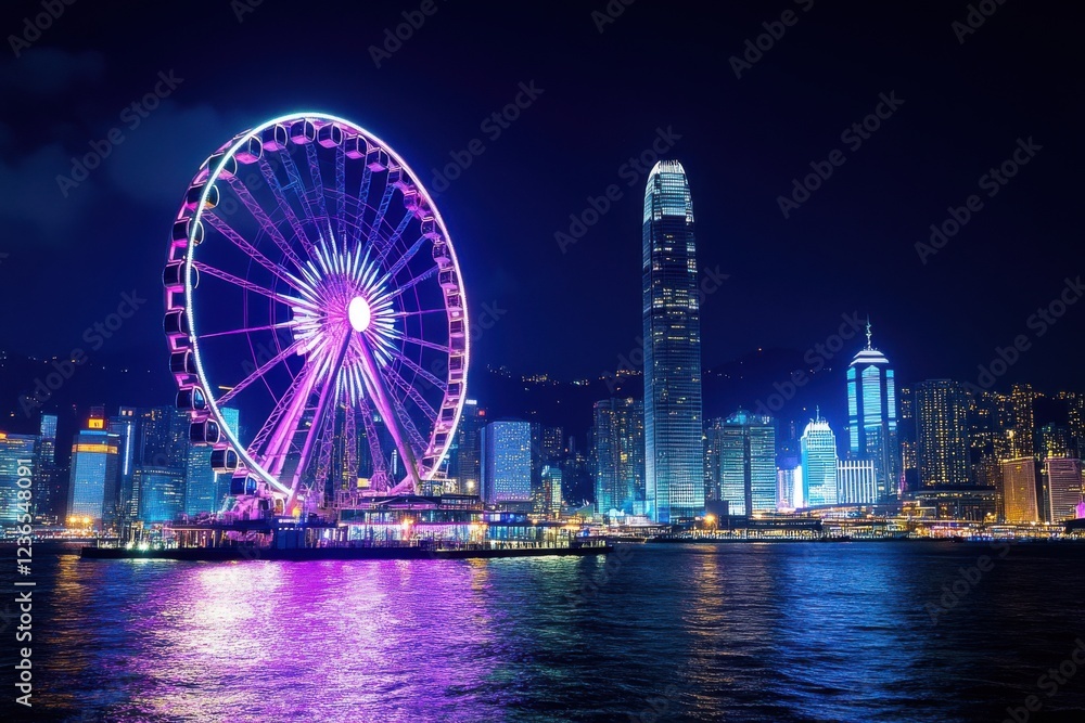 Naklejka premium Vibrant Night View of Ferris Wheel in Cityscape