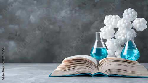 Science book, beakers, molecule model, grey background, research
