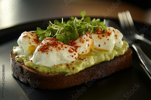 Avocado toast topped with poached eggs, herbs, and a sprinkle of spice. photo