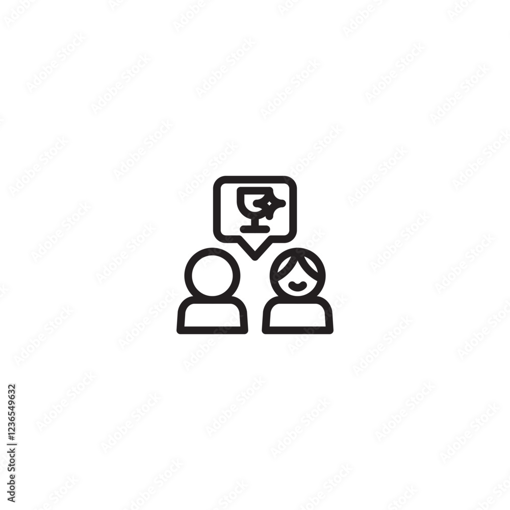 Two person icons with a speech bubble above them containing a trophy icon with a sparkle. Represents discussing awards, sharing achievements, or congratulating someone. Two person icons with a speech bubble above them containing a trophy icon with a sparkle. Represents discussing awards, sharing achievements, or congratulating someone.