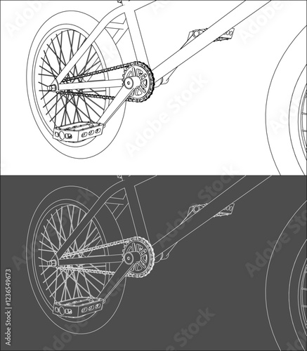 Detailed Side View Line Drawing of a BMX Crankset Mechanism isolated on transparent background