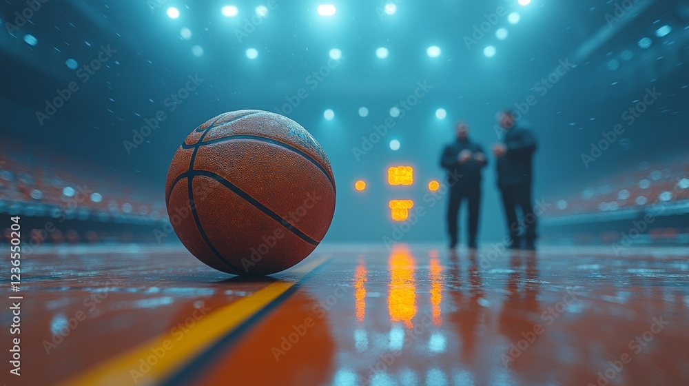 Obraz premium Basketball on court, coaches in background, arena lights.