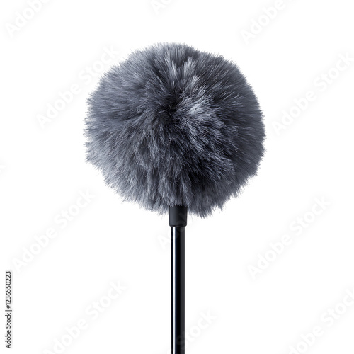 A fuzzy gray microphone windscreen, or deadcat, is shown attached to a thin black microphone stand isolated on transparent background.