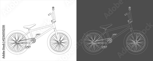 BMX Technical Line Drawing Side View Blueprint of Bicycle Components isolated on transparent background vector