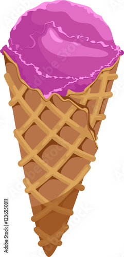 Vector illustration of ice cream in a waffle cone. Ice cream with a purple scoop isolated on a white background, idea for a poster, postcard, t-shirt. print, advertising, sweet, food,