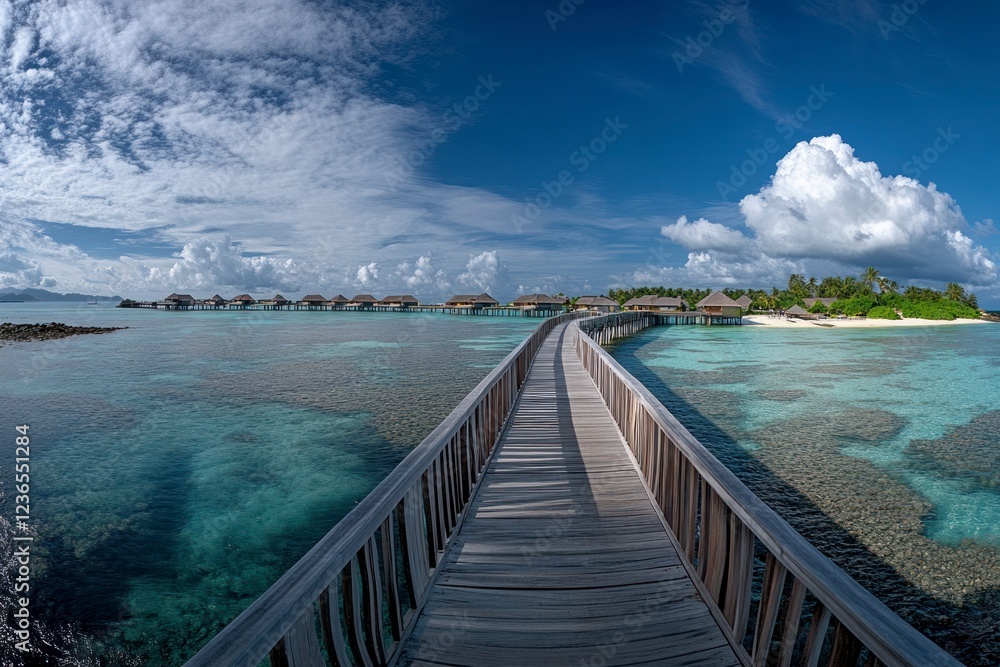 Fototapeta premium The long wooden bridge leads to the Maldives, with an endless sea and turquoise water. In front of it is a row of overwater bungalows. 