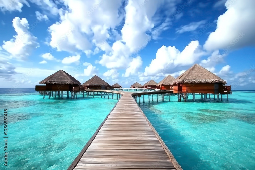 The long wooden bridge leads to the Maldives, with an endless sea and turquoise water. In front of it is a row of overwater bungalows. The long wooden bridge leads to the Maldives, with an endless sea and turquoise water. In front of it is a row of overwater bungalows.