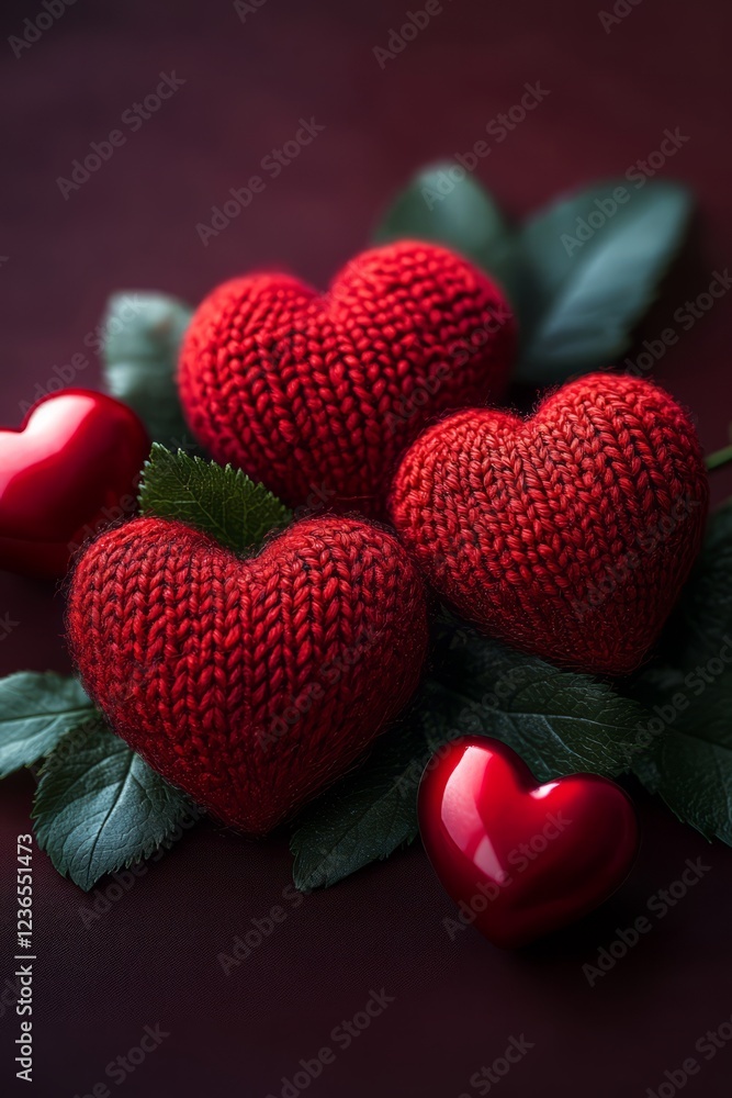 Obraz premium Knitted Hearts Nestled On Leaves For Valentine'S Day.