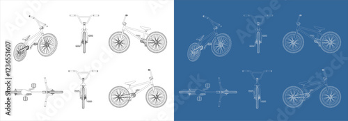 Set Outline of  BMX Bicycle technical drawing line art. Front, back, side, top view. Extreme bike industrial draw.  blueprint Vector illustration isolated on transparent background photo