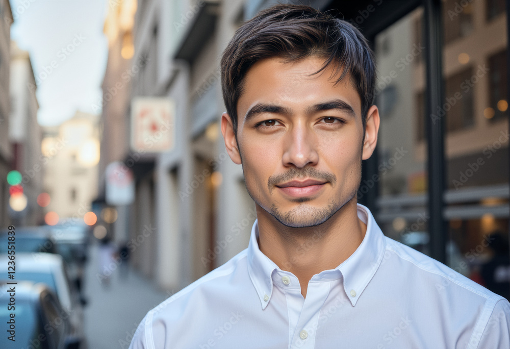 Fototapeta premium Lifestyle headshot portrait photo of a person: A man in a white shirt standing on a city street.