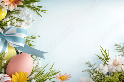 Colorful pastel Easter egg adorned with ribbon is presented against clean white background accented with blooming flowers, creating festive atmosphere ideal for springtime celebrations
