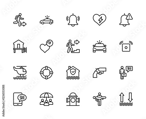 Emergency situation vector linear icons set. Contains such icons as emergency exit, police, alert, flood and more.