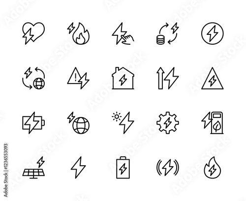 Energy related vector linear icons set. Contains such energy icons as lightning; fire, globe, smart home and more.