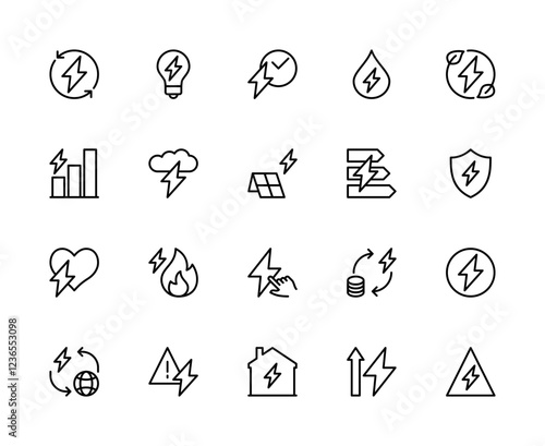 Energy related vector linear icons set. Contains such energy icons as energy, light bulb, time, water energy and more.
