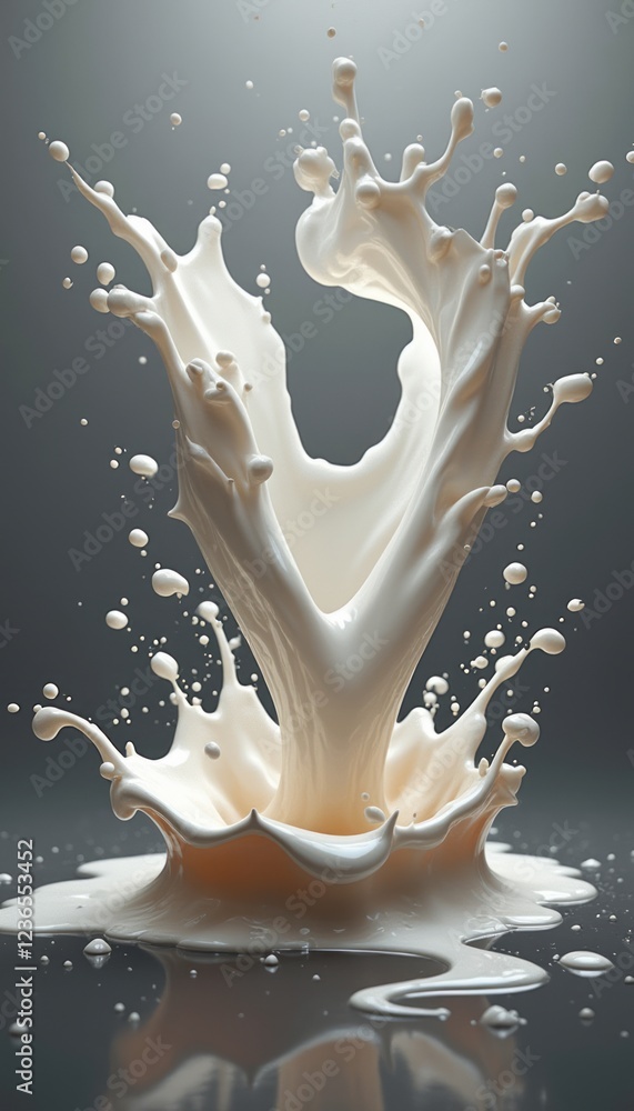 Obraz premium A stunning splash of milk erupts dramatically, forming an elegant shape against a soft gray background. This captivating image captures the fluidity and beauty of motion, evoking feelings of freshness