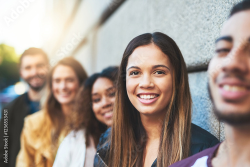 Photography Line, students and woman with friends in city for university application, group and future