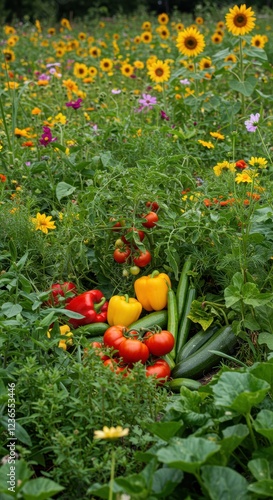 Bountiful organic vegetable garden with vibrant sunflowers and fresh produce