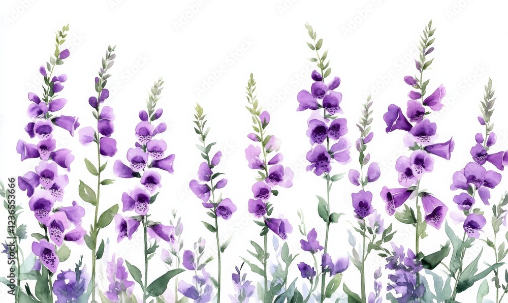 Naklejka premium Serene watercolor foxgloves in purple hues delicate and elegant floral arrangement