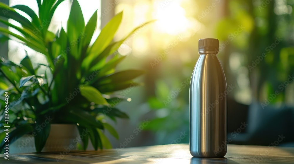 Sustainable Hydration: Stainless Steel Bottle in Natural Sunlight Sustainable Hydration: Stainless Steel Bottle in Natural Sunlight