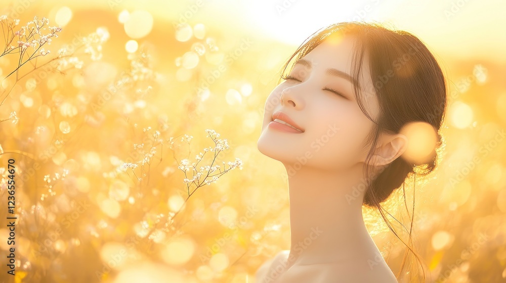 Fototapeta premium Golden Hour Serenity: A Woman Basking in Sunlight's Embrace