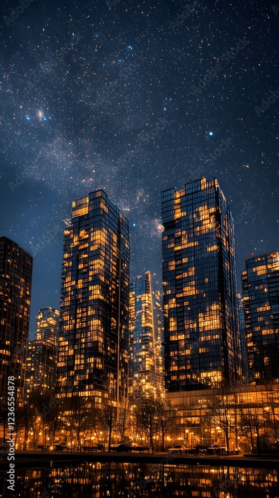 Obraz premium 16. A glowing city skyline at night, lights reflecting off glass buildings under a starry sky