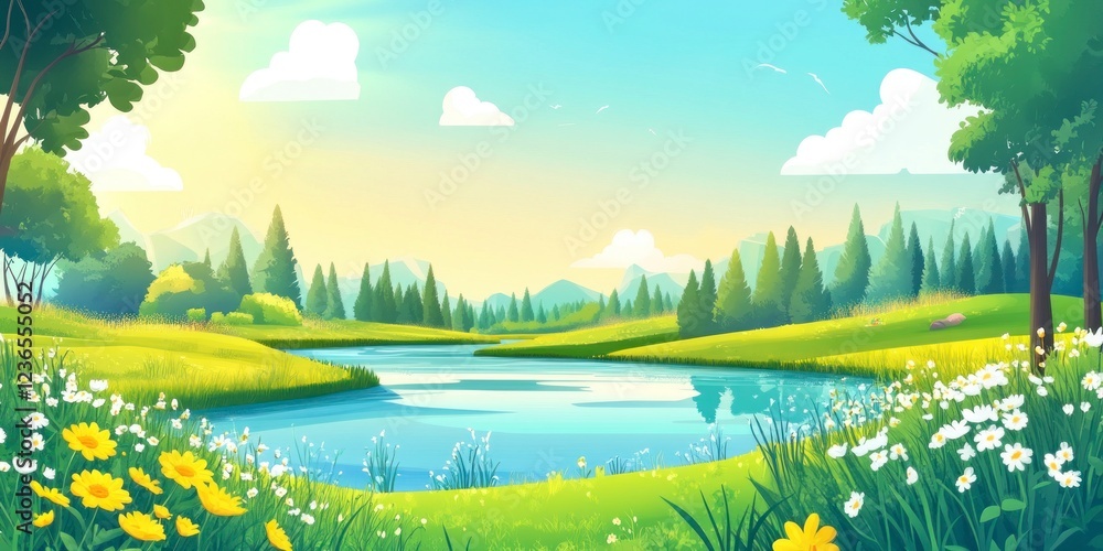 Beautiful summer landscape with a green meadow, trees, and a river on a sunny day. Panorama of a spring nature scene