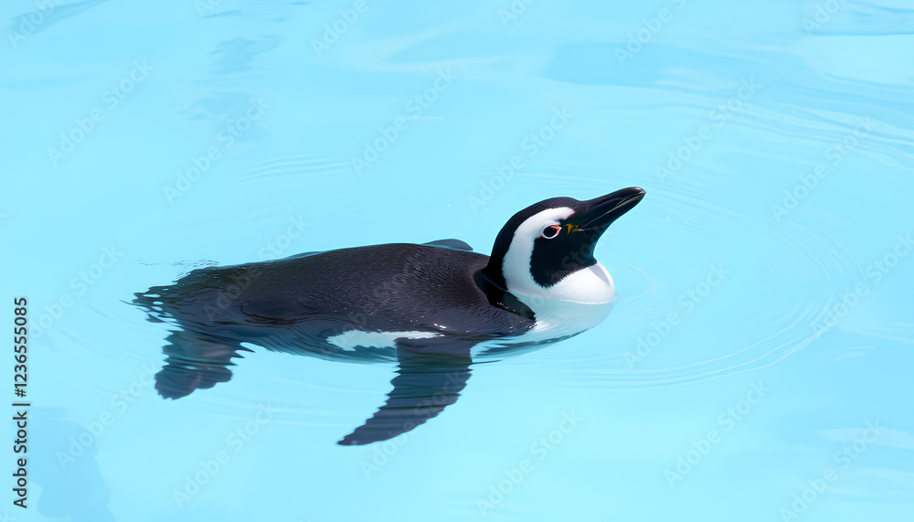 Fototapeta premium Humboldt penguin is swimming in the pool. on cold water