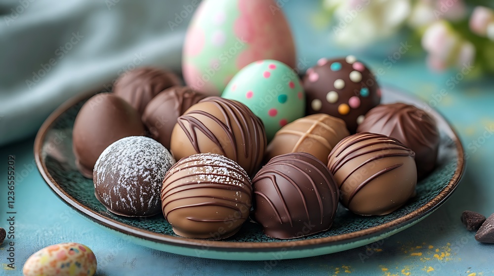 A delicate plate of chocolate Easter truffles, each dusted with powdered sugar, arranged next to a vibrant Easter egg. A delicate plate of chocolate Easter truffles, each dusted with powdered sugar, arranged next to a vibrant Easter egg.