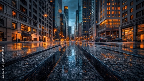 Reflective City Streets at Dusk: A Stunning Urban Panorama