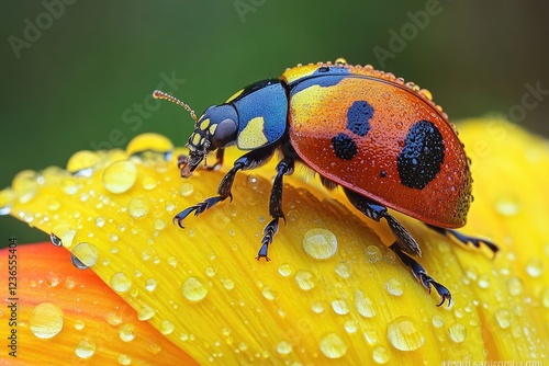 Vibrant Ladybug on Dewy Yellow Flower Macro Photography photo