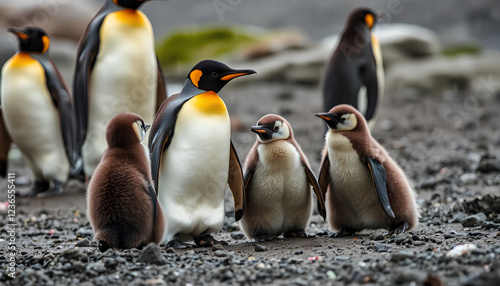 King Penguin (Aptenodytes patagonicus) Chicks in Creche in the rain. On the beach view photo