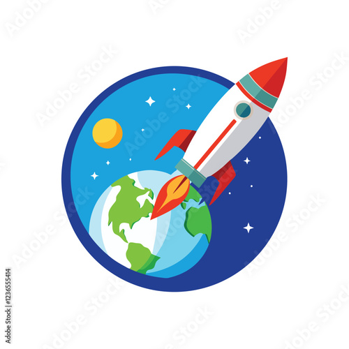 Cartoon Rocket Flying Over Earth with Stars and Sun
