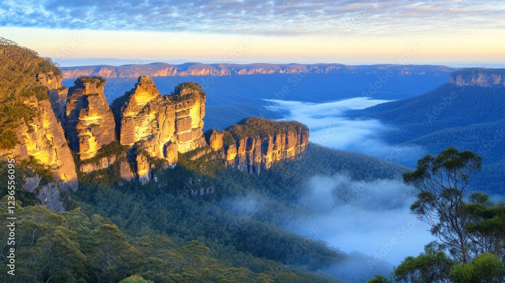 Majestic Three Sisters Sandstone Cliffs Sunrise Valley Mist