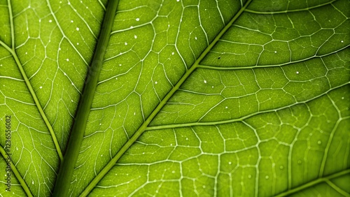 Close-up macro texture of a fresh green leaf shows intricate vein patterns photo