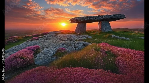 Majestic sunset over ancient stone structure surrounded by vibrant purple heather in serene landscape