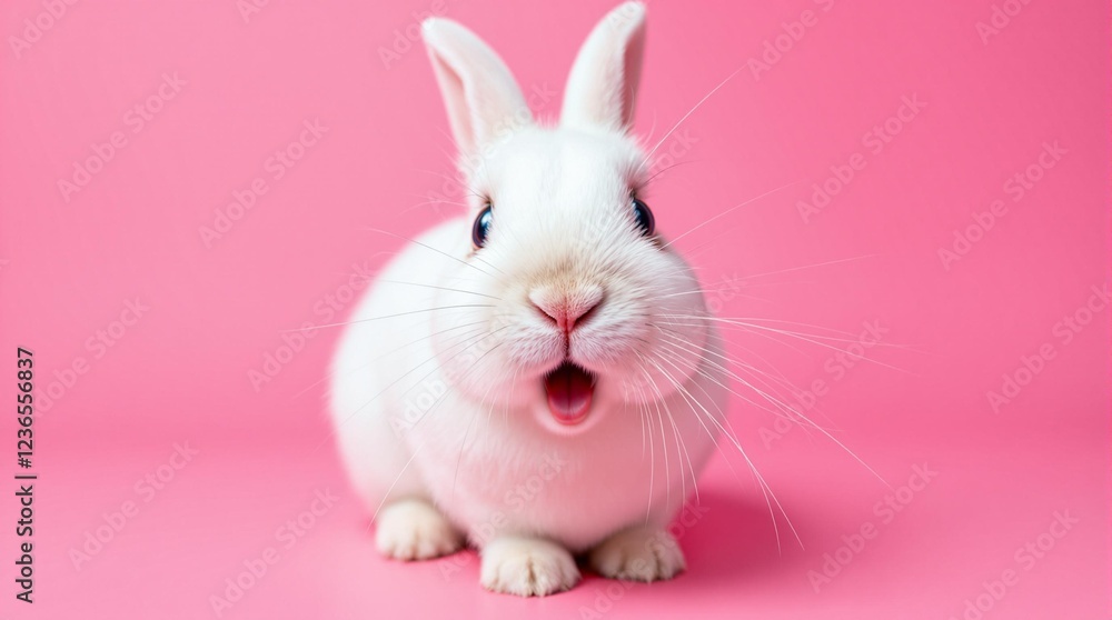 white cute rabbit with very surprised expression against pink background, surprised looking animal white cute rabbit with very surprised expression against pink background, surprised looking animal