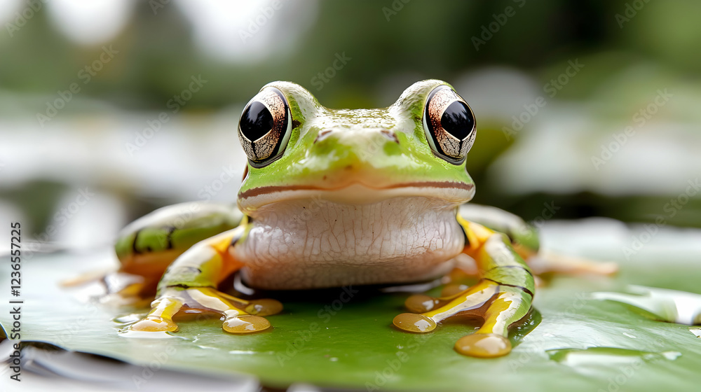 Green tree frog on lily pad, rainforest background; nature photography Green tree frog on lily pad, rainforest background; nature photography