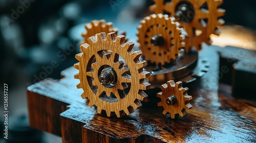 Wooden gears interlock on dark wood surface, workshop background, mechanism detail, engineering concept