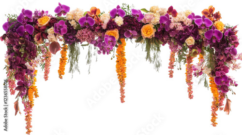 Fototapeta Naklejka Na Ścianę i Meble -  vibrant floral arch adorned with purple orchids, orange blooms, and cascading garlands, perfect for celebrations and events. arrangement exudes elegance and beauty