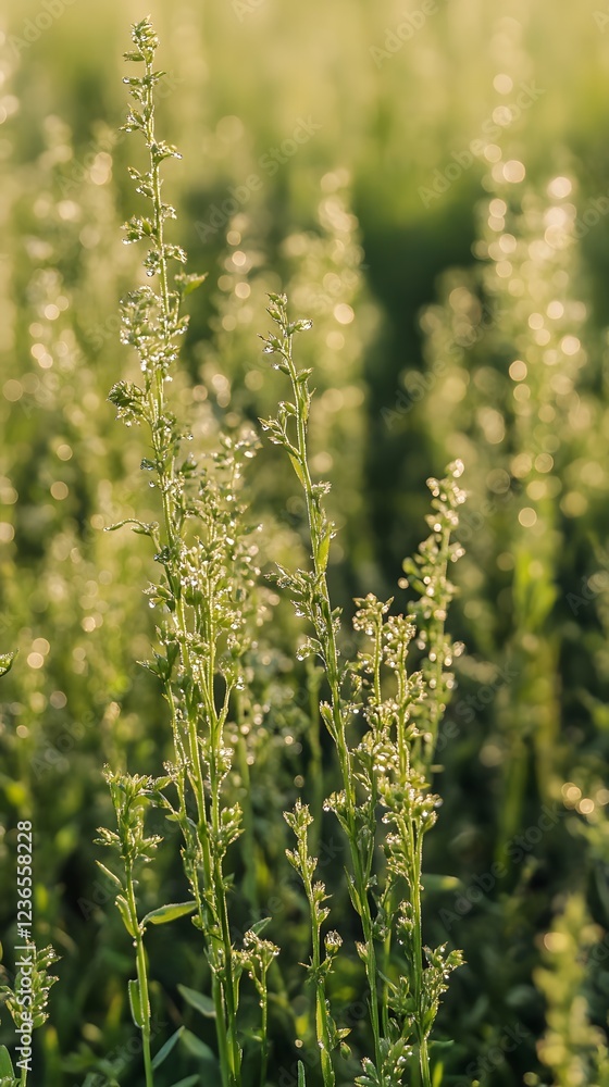 30. A close-up of dew-covered grass with tiny wildflowers in a morning sunlight glow 30. A close-up of dew-covered grass with tiny wildflowers in a morning sunlight glow