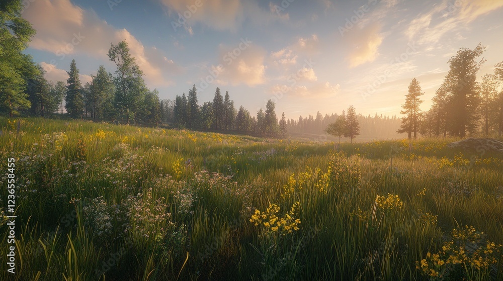 Obraz premium A serene meadow with tall grass and wildflowers under the soft glow of an early evening sky