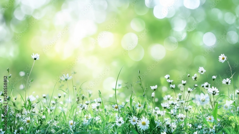 Fototapeta premium A serene meadow with tall grass and wildflowers under the soft glow of an early evening sky
