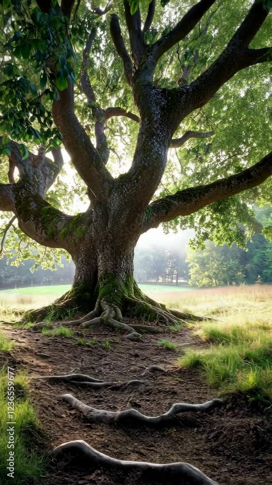 Majestic tree with expansive roots basking in morning light in a serene green landscape Majestic tree with expansive roots basking in morning light in a serene green landscape