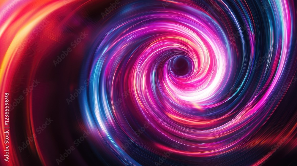 Abstract swirling neon light trails in a dark background