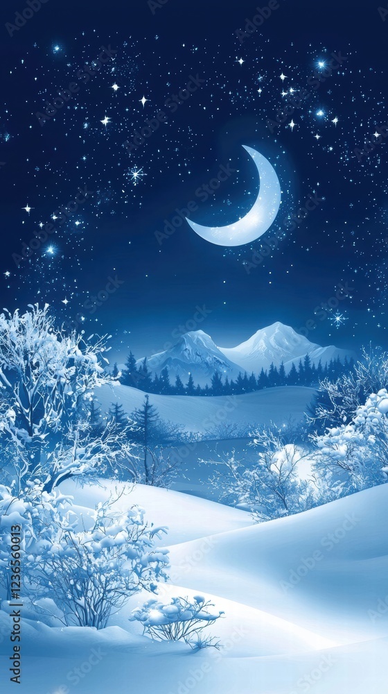 Naklejka premium Serene winter night crescent moon over snowy mountains