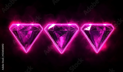 Neon Pink Diamonds Glowing Neon Sign on Dark Brick Wall, Retro 80s Aesthetic with Vibrant Geometric Shapes, Electric Pink Triplicate Design, Luminous Urban Nightclub Vibe, Synthwave Digital Art photo