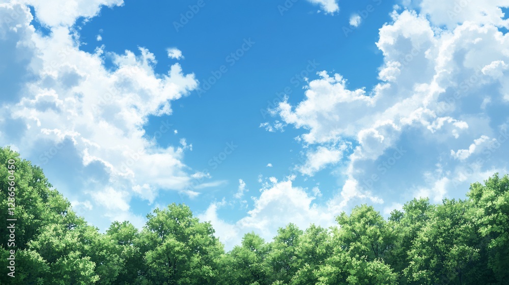 Lush green trees beneath a bright blue sky filled with fluffy white clouds