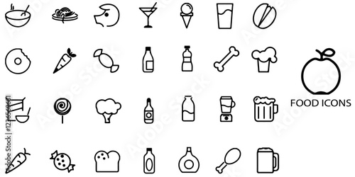 Food simple concept 28 icons set. Contains such shampaing, tea, coffee, noddle, ice-cream, fish finger, fish cutlet, soup etc. Vector illustration.	