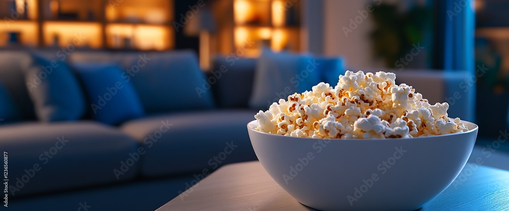 Relaxing evening with freshly popped popcorn and a cozy lounge setting Relaxing evening with freshly popped popcorn and a cozy lounge setting