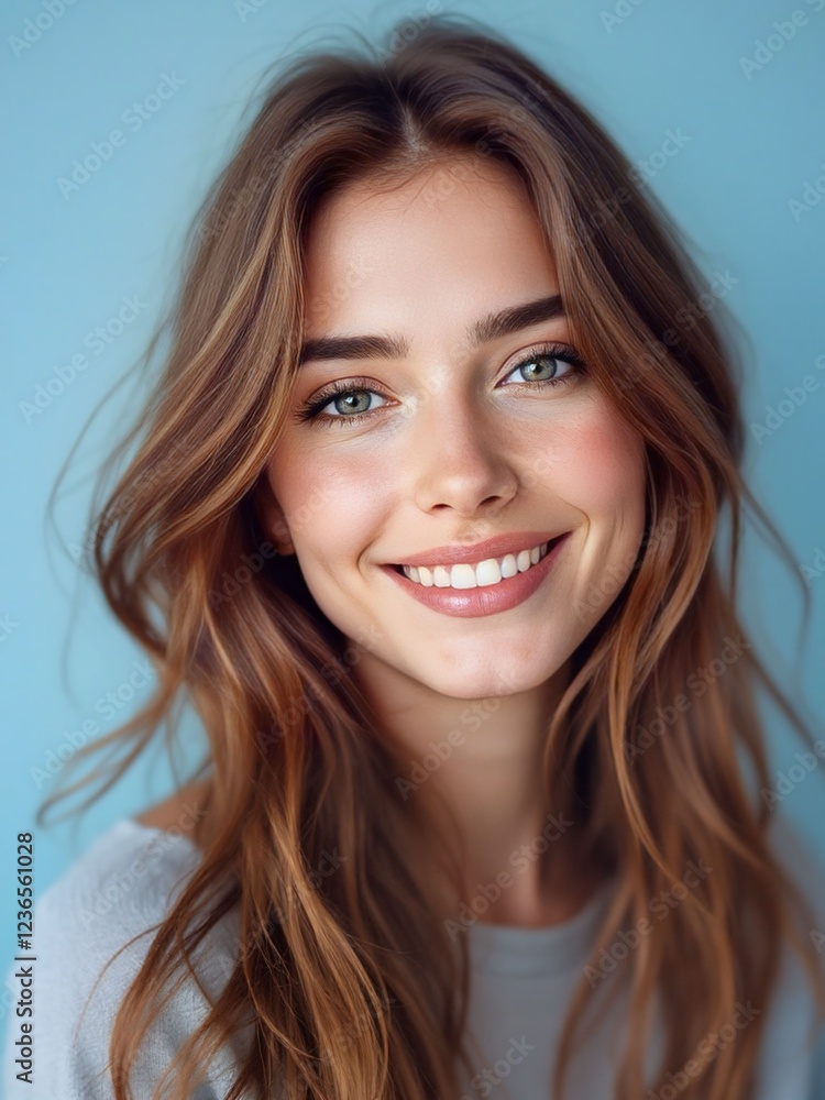 Naklejka premium Happy young woman with long, wavy brown hair, smiling warmly. She wears a light gray top, with a soft blue background. Bright eyes and radiant expression.